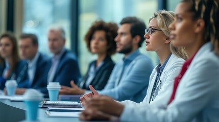 panel discussion at an international medical conference, with experts debating ethical issues in modern healthcare