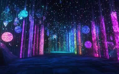 Obraz premium Magical, vibrant light tunnel. Glowing orbs and colorful pillars create a fantasy forest scene. Perfect for festive, whimsical, or magical themes.