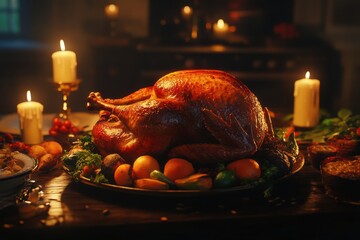 A beautifully roasted turkey on a festive table, surrounded by autumnal decor and flickering candlelight.