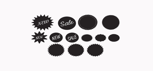 Print  Sticker star burst, promo badge round shape, price tag circle, sale label icon, black sun, new discount set isolated on white background. Advertising vector illustration