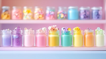 Pastel rainbow colored jars with colorful buttons and beads on shelves.
