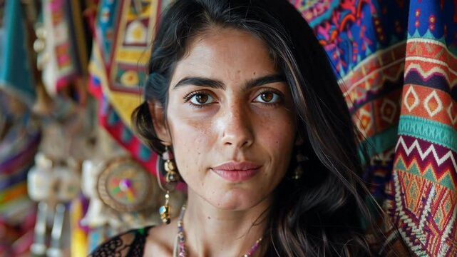 Cultural heritage portrait of a person among vibrant turkish textiles and crafts AI