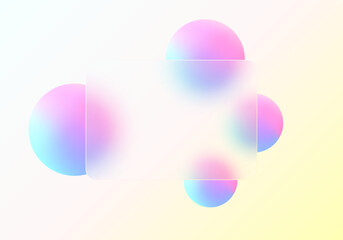 Gradient background and transparent glass partition with floating spheres, glass morphism style background.