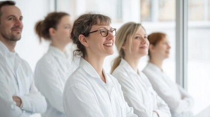 Obraz premium Smiling people men and women in white medical suits attending workshop, medicine conference