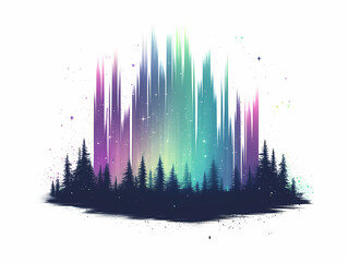 Obraz premium Magical aurora borealis lights dance above a tranquil forest at night. The vibrant colors create a breathtaking scene.
