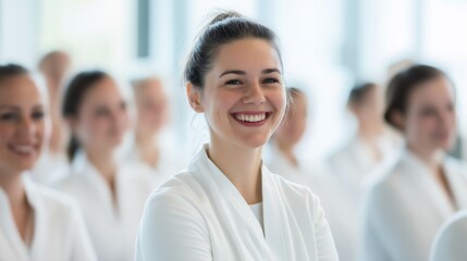 Fototapeta premium Smiling people men and women in white medical suits attending workshop, medicine conference