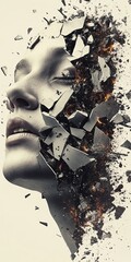 Surreal Portrait of a Shattered Face with Explosive Fragments