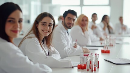 Fototapeta premium Smiling people men and women in white medical suits attending workshop, medicine conference