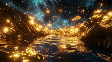 Glowing Golden Rocks and Celestial River Surreal 3D Render of a Fantasy Landscape with Sparkling Water and Nebula Background.