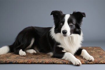 arafed dog laying on a rug on a gray background