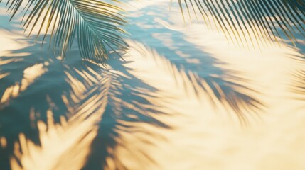 A dreamy scene with the shadows of palm leaves gracefully spread across the warm sand of a tropical beach