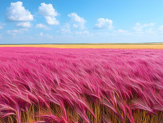 Vibrant pink and gold barley field under a blue sky.