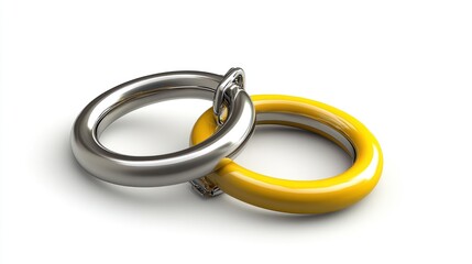 Two interlocking rings, one silver, one yellow, on a white background.