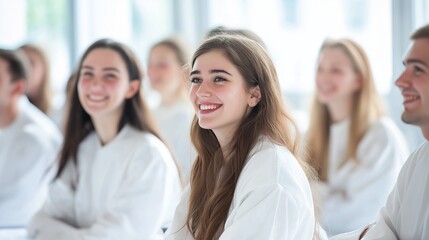 Smiling people men and women in white medical suits attending workshop, medicine conference