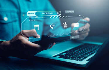 Businessman hold smartphone with online shopping concept, marketplace website with virtual interface of online Shopping cart part of the network, Online shopping business with selecting shopping cart.