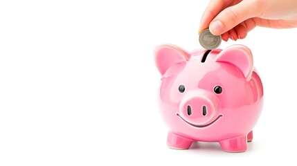 A hand dropping a coin into a pink piggy bank for saving money.