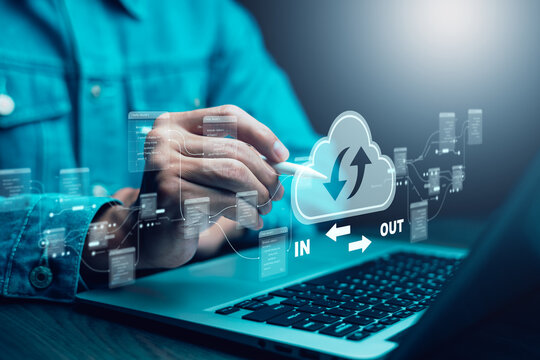 Cloud technology concept Global network of metaverse systems concept, Man hand touch data with internet cloud technology and File Transfer backup copy,Global business  Internet for Telecommunication