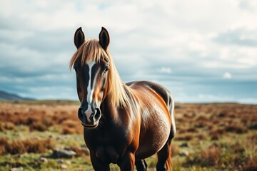 Obraz premium there is a horse standing in a field with a cloudy sky