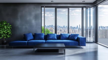 A modern living room with metallic gray walls, a cobalt blue sofa, and a sleek black coffee table. The room features large windows that open to a terrace with a cityscape view.