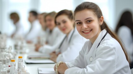 Fototapeta premium Smiling people men and women in white medical suits attending workshop, medicine conference