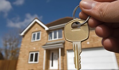 A hand holding a key in front of a suburban house with a blue sky.