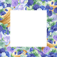 Pancakes, cakes, blueberry, blackberry, mint and marshmallows in purple and green color. Hand draw watercolor isolated illustration. Square frame, template with copy space for text for bakery design.