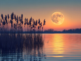 Obraz premium Serene sunset landscape with full moon reflecting on calm lake water, silhouetted reeds.