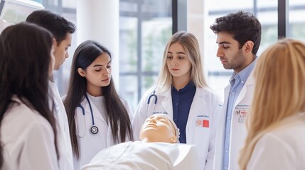 Fototapeta premium team of interns gathered around a patient simulator, discussing diagnosis and treatment plans