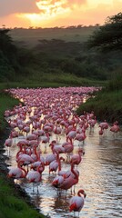 Obraz premium A serene landscape featuring a flock of flamingos wading in a waterway at sunset.