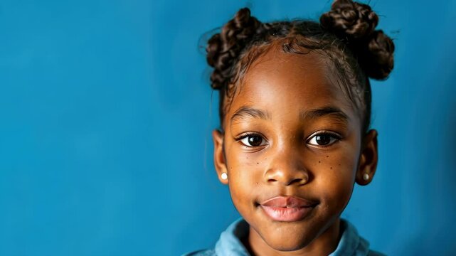 Young girl with braided buns, wearing a blue collared shirt, against blue background.