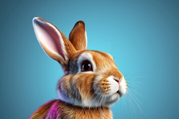 Fototapeta premium there is a rabbit with a pink collar and a blue background