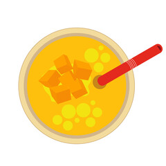 Glass of mango smoothie with straw top view, mango juice top view.