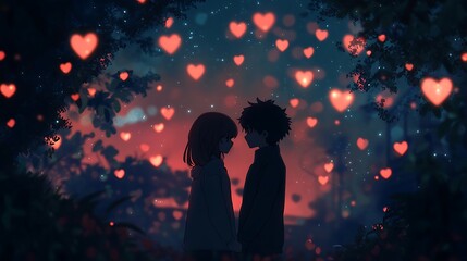 anime love couple with heart-shaped sparkles in dreamy background