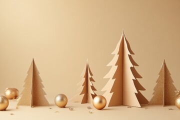A group of paper trees and gold ornaments on a tan background