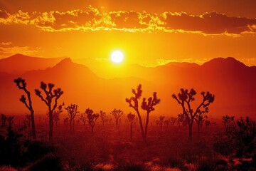 A sunset over a desert with a large tree in the foreground