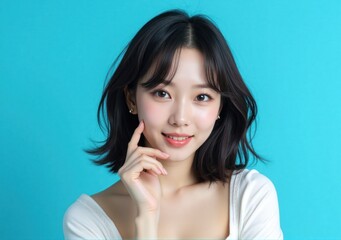 Fototapeta premium Asian woman with wavy dark bobbed hair and a natural radiant look, wearing soft makeup, posing in front of a pastel blue studio background