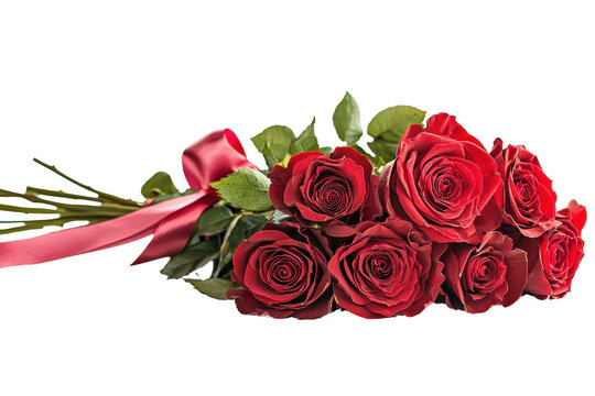 A bouquet of vibrant red roses adorned with green leaves and a decorative ribbon.