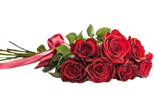 A bouquet of vibrant red roses adorned with green leaves and a decorative ribbon. - Powered by Adobe