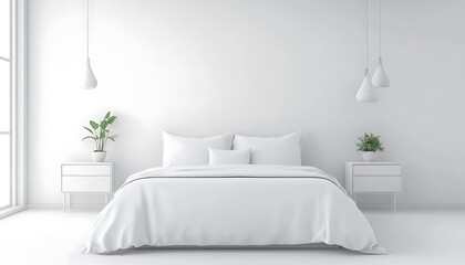 A minimalist bedroom featuring a white bed, plants, and pendant lights.