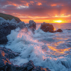 Fototapeta premium Golden sunrise over crashing ocean waves on rocky coastline.