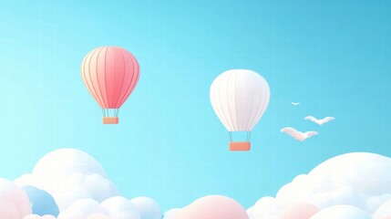 Obraz premium Pastel Pink and White Hot Air Balloons Soaring Over Dreamy Cloudscape A Whimsical 3D Rendered Illustration