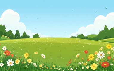 Vibrant Spring Meadow Landscape Cartoon Illustration of a Sunny Day with Colorful Wildflowers and Green Hills