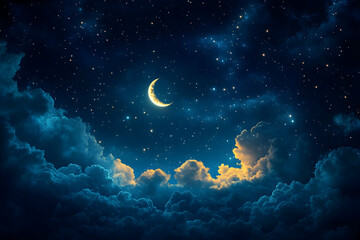 Night sky with crescent moon and clouds.