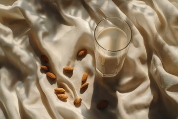 A glass of almond milk surrounded by scattered almonds on a soft, silky fabric.