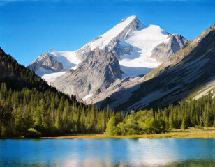  A painting of a mountain lake with a mountain in the background