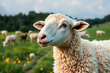 there is a sheep that is standing in the grass with other sheep