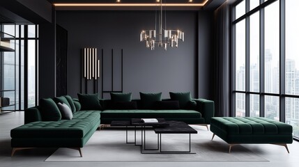 A stylish living room with charcoal gray walls, an emerald green velvet sofa, and sleek black furniture. The room features a modern chandelier and large windows with a view of the skyline.