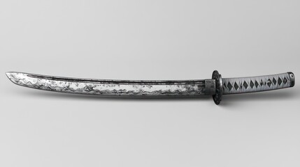 Antique Japanese katana, aged steel blade, traditional hilt,  white handle,  isolated on a neutral background.