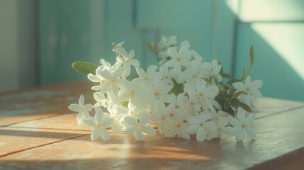 bouquet of blooming jasmine flowers placed on a wooden table