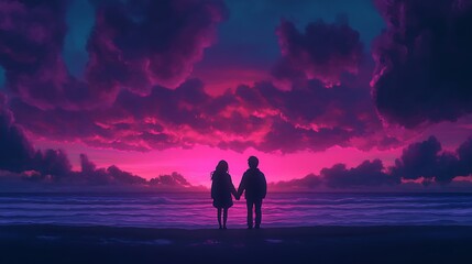 anime couple holding hands at beach with sunset and pink sky